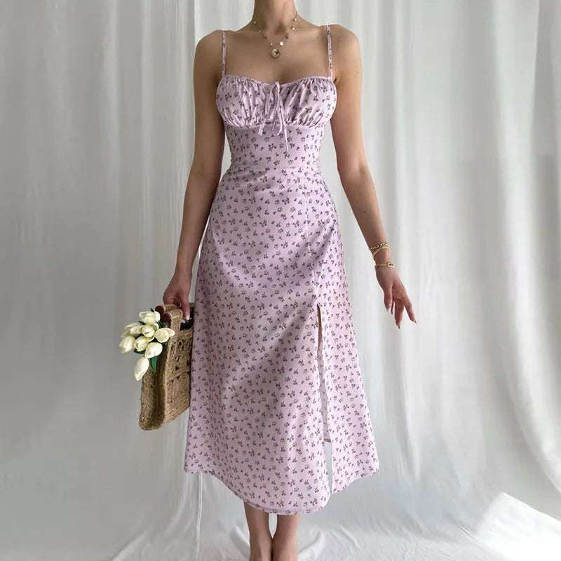 Fashion Split Women Bohemia Long Summer 2025 New Luxury Elegant V-neck Sleeveless Slip Flower Beach Sun Midi Dress