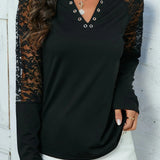 Solid Color Casual Elegant Chic Half Transparent Tops Full Long Sleeve Tee Blouse