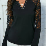 Solid Color Casual Elegant Chic Half Transparent Tops Full Long Sleeve Tee Blouse