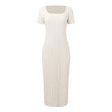 Square Neck Knit Side Slit Summer 2025 Women's Summer Bodycon Sun Casual Short Sleeve Midi Dress