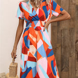 Fashion Summer 2025 for Women Long Short Sleeve Female Chic Clothing Floral Holiday Clothes Midi Dress