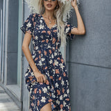 Fashion Summer 2025 for Women Long Short Sleeve Female Chic Clothing Floral Holiday Clothes Midi Dress