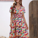 Fashion Summer 2025 for Women Long Short Sleeve Female Chic Clothing Floral Holiday Clothes Midi Dress