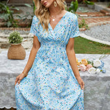 Fashion Summer 2025 for Women Long Short Sleeve Female Chic Clothing Floral Holiday Clothes Midi Dress