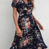 Fashion Summer 2025 for Women Long Short Sleeve Female Chic Clothing Floral Holiday Clothes Midi Dress