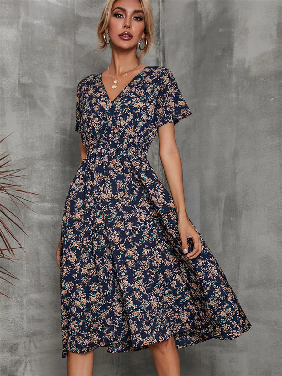 Fashion Summer 2025 for Women Long Short Sleeve Female Chic Clothing Floral Holiday Clothes Midi Dress