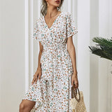 Fashion Summer 2025 for Women Long Short Sleeve Female Chic Clothing Floral Holiday Clothes Midi Dress