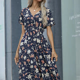 Fashion Summer 2025 for Women Long Short Sleeve Female Chic Clothing Floral Holiday Clothes Midi Dress