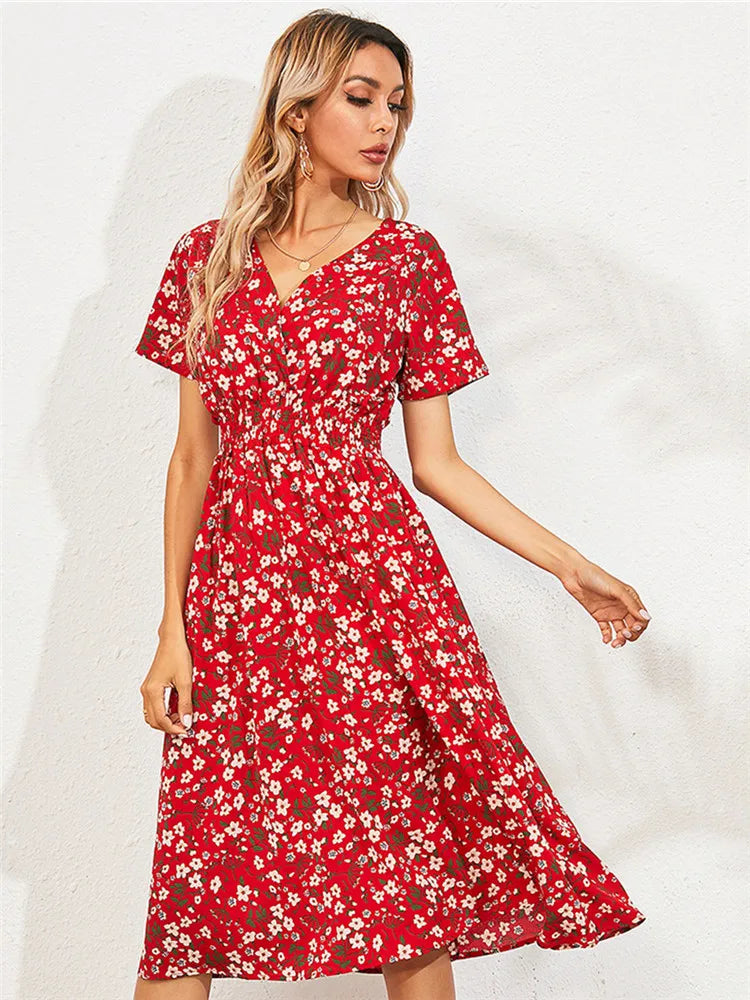 Fashion Summer 2025 for Women Long Short Sleeve Female Chic Clothing Floral Holiday Clothes Midi Dress