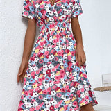 Fashion Summer 2025 for Women Long Short Sleeve Female Chic Clothing Floral Holiday Clothes Midi Dress