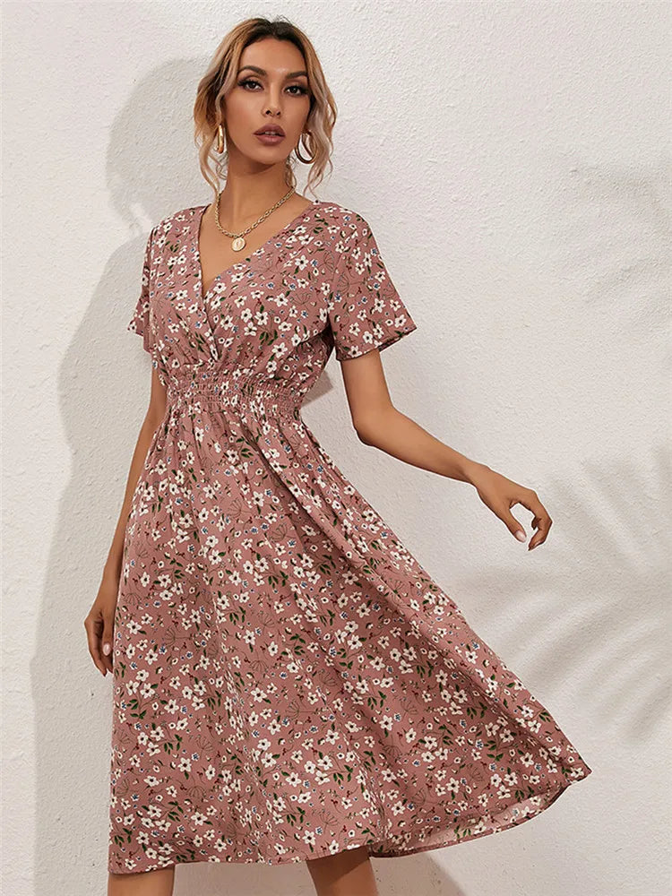 Fashion Summer 2025 for Women Long Short Sleeve Female Chic Clothing Floral Holiday Clothes Midi Dress