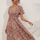 Fashion Summer 2025 for Women Long Short Sleeve Female Chic Clothing Floral Holiday Clothes Midi Dress