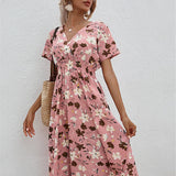 Fashion Summer 2025 for Women Long Short Sleeve Female Chic Clothing Floral Holiday Clothes Midi Dress