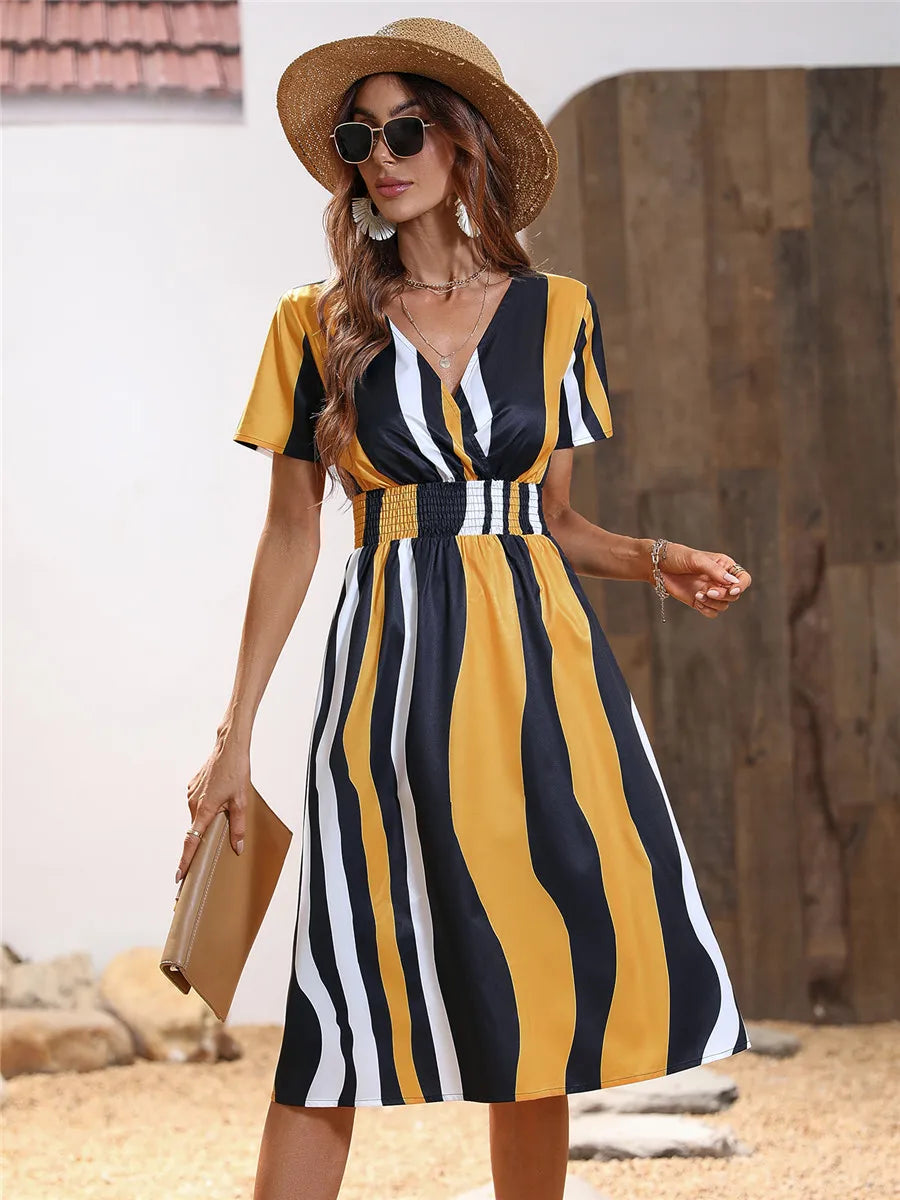 Fashion Summer 2025 for Women Long Short Sleeve Female Chic Clothing Floral Holiday Clothes Midi Dress