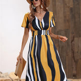 Fashion Summer 2025 for Women Long Short Sleeve Female Chic Clothing Floral Holiday Clothes Midi Dress