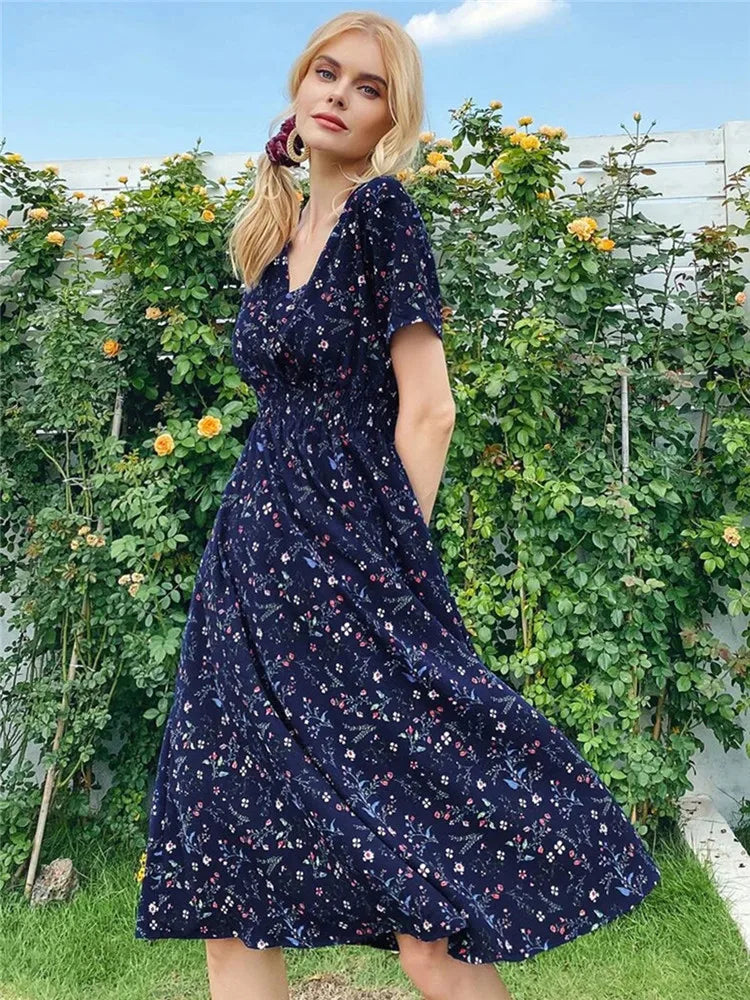 Fashion Summer 2025 for Women Long Short Sleeve Female Chic Clothing Floral Holiday Clothes Midi Dress