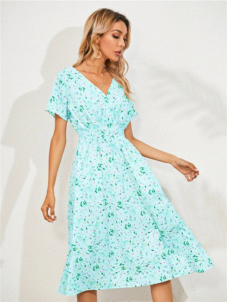 Fashion Summer 2025 for Women Long Short Sleeve Female Chic Clothing Floral Holiday Clothes Midi Dress