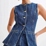 Denim O-neck Sleeveless Shorts Office Two Piece Set
