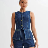 Denim O-neck Sleeveless Shorts Office Two Piece Set