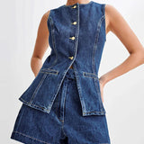 Denim O-neck Sleeveless Shorts Office Two Piece Set