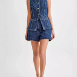 Denim O-neck Sleeveless Shorts Office Two Piece Set