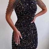 Neck Hanging Sexy Crystal Fringe Sequin Dress