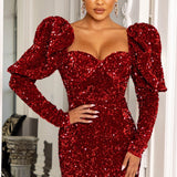 Solid Sequins Square Neck Puff Sleeve Club Mini Dress