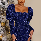 Solid Sequins Square Neck Puff Sleeve Club Mini Dress