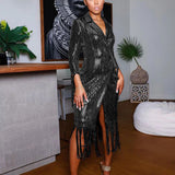 Solid Notched Tassel Sequin Decoration Knee Length Dress