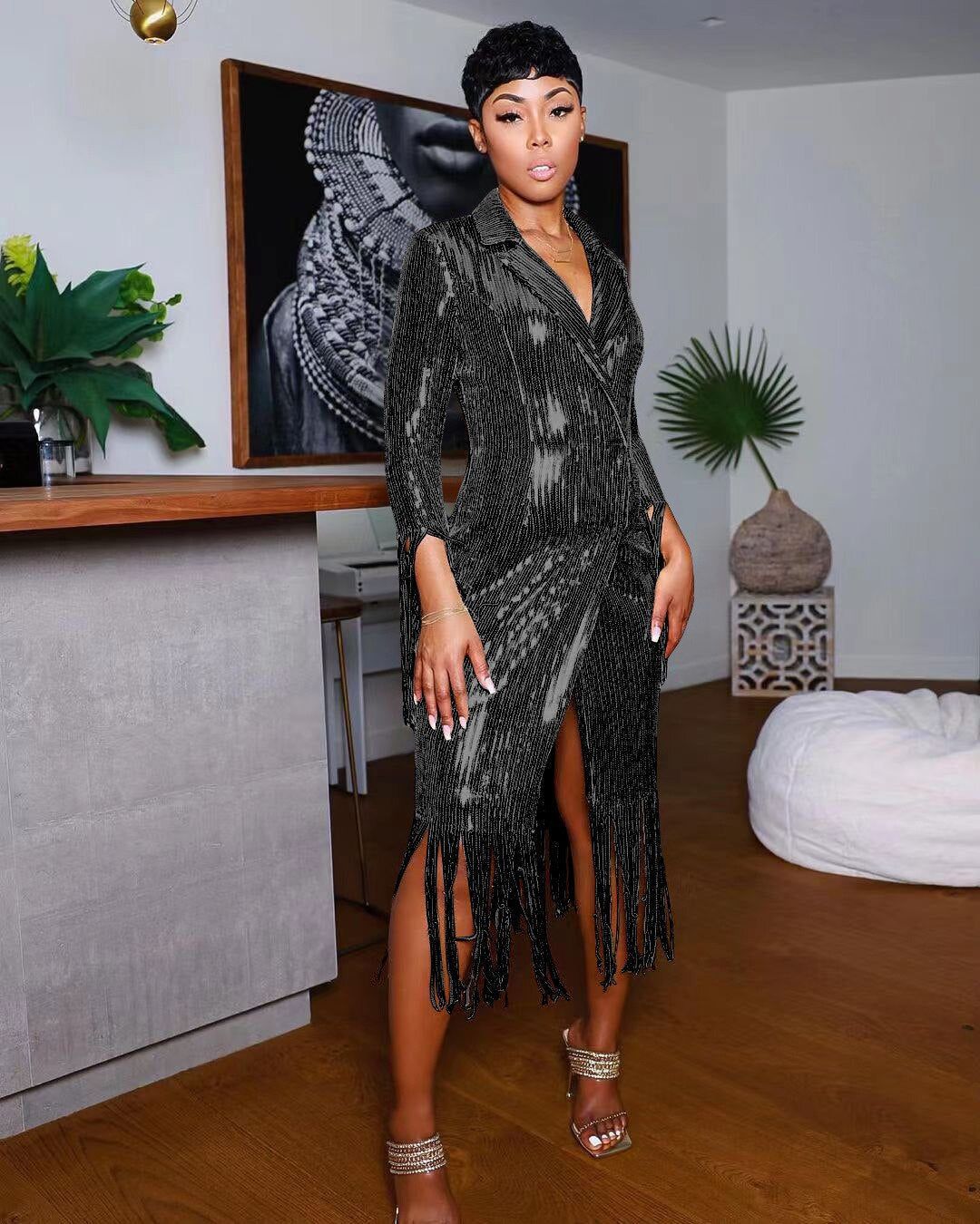 Solid Notched Tassel Sequin Decoration Knee Length Dress