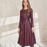 Fit And Flare Winter Dress a Line Pockets Pu Leather Midi Dress