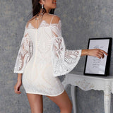 Flare sleeve bodycon lace dress Women flower crochet off shoulder dress stylish white mini dresses vestidos verano