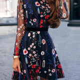 Floral Embroidery Mesh Sleeve Mini Dress