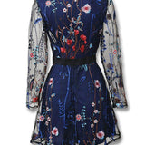 Floral Embroidery Mesh Sleeve Mini Dress