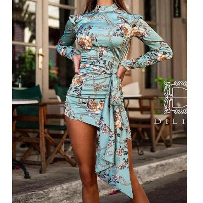 Floral print ruched designed mini dress women Turtleneck long sleeve dress Autumn  Bodycon sexy party dresses vestidos mujer
