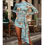 Floral print ruched designed mini dress women Turtleneck long sleeve dress Autumn  Bodycon sexy party dresses vestidos mujer