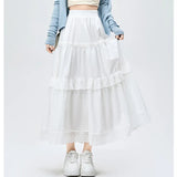 French Style Lace Stitching White Long Women Spring Summer New Fashion High Waist A-line Pleated Woman Casual Skirt