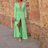 Front slit long dress women v neck long sleeve dress Autumn Fashion casual dresses Elegant maxi vestidso mujer
