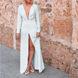 Front slit long dress women v neck long sleeve dress Autumn Fashion casual dresses Elegant maxi vestidso mujer