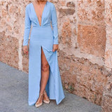 Front slit long dress women v neck long sleeve dress Autumn Fashion casual dresses Elegant maxi vestidso mujer