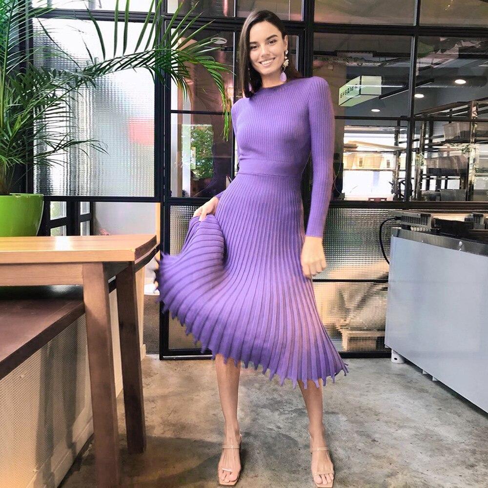 Women Knitted Long Dress Autumn Winter Slim Sleeve Ladies Dresses