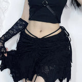 Goth Black Holes Lace-up Mini Sexy Vintage Folds Irregular Bodycon Short Women New Fashion Skirt
