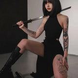 Gothic Dark High Split Sexy Bandage Halter Slim Grunge Y2K Partywear Dress