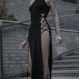 Gothic Dark High Split Sexy Bandage Halter Slim Grunge Y2K Partywear Dress
