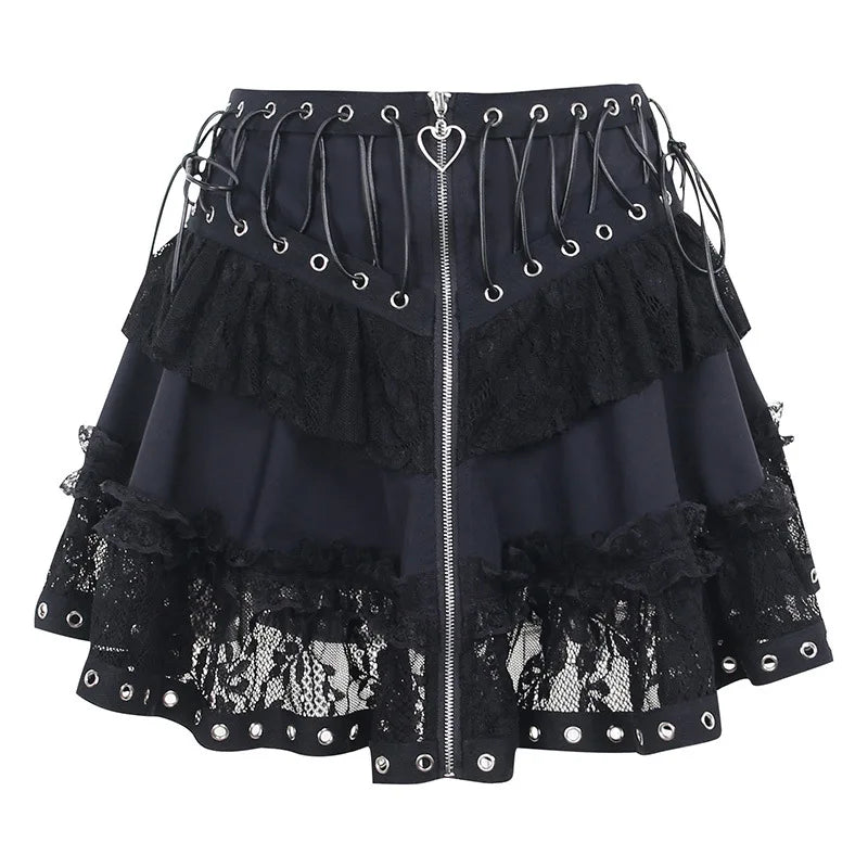 Gothic Vintage High Waist Zipper Front Japanese Kawaii Black Cosplay Skirt