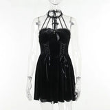 Gothic Velvet Criss-Cross Halter Dress Vintage Draped Lace Sleeveless Bodycon Backless A-Line Cocktail Party Dress