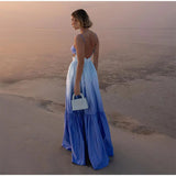 Gradient Hollow Out Pleated Sleeveless Sling Maxi Dress