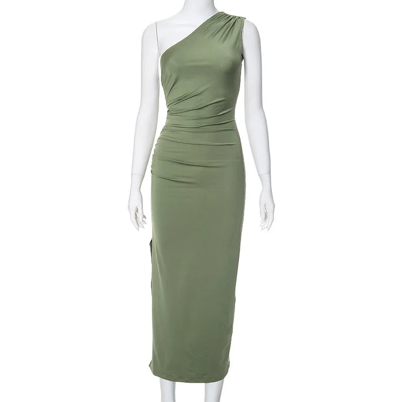 One Shoulder Summer Elegant Sexy Sleeveless Ruched Charming Stylish Maxi Dress