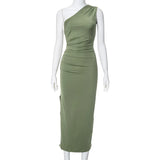 One Shoulder Summer Elegant Sexy Sleeveless Ruched Charming Stylish Maxi Dress