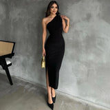 One Shoulder Summer Elegant Sexy Sleeveless Ruched Charming Stylish Maxi Dress